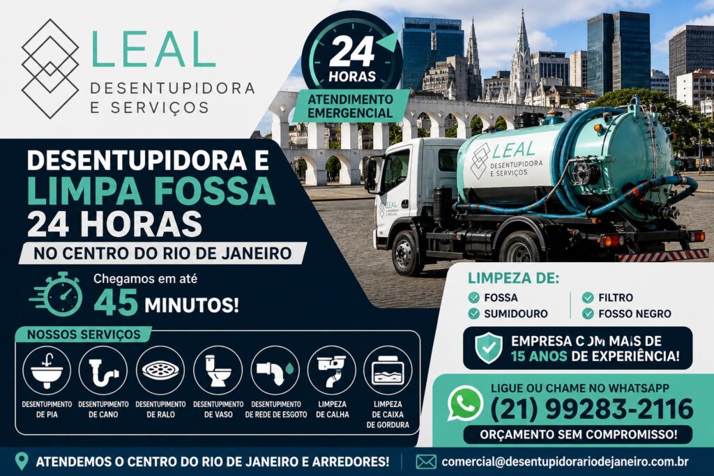 Desentupidora e limpa fossa 24 horas no Centro do Rio de Janeiro com atendimento rápido e orçamento grátis.