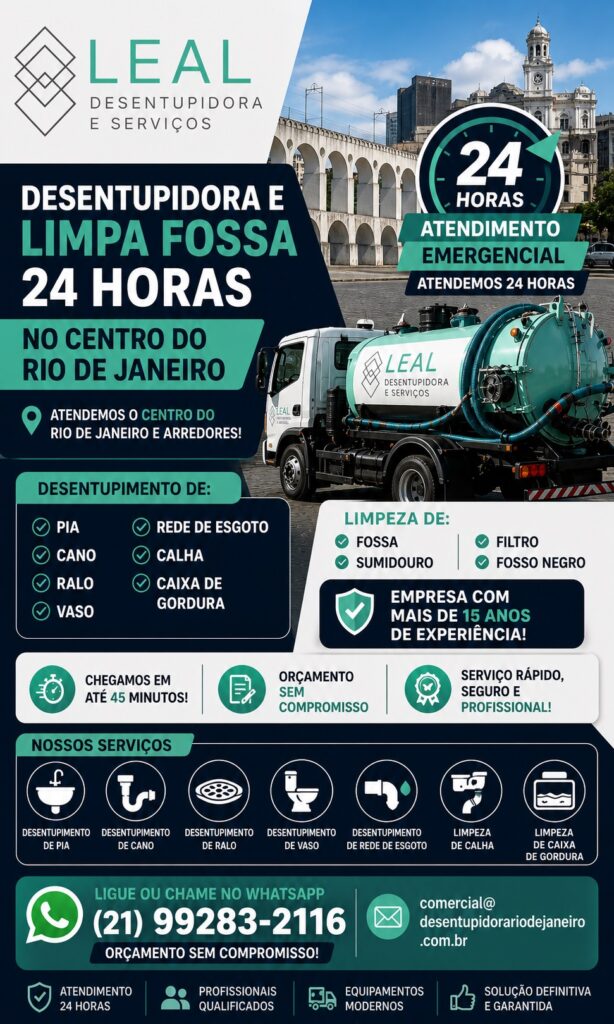 Desentupidora e limpa fossa 24 horas no Centro do Rio de Janeiro com atendimento rápido e orçamento grátis.